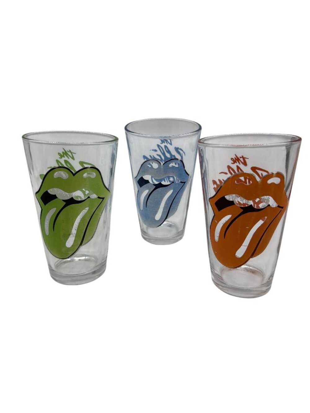 The Rolling Stones Logo Pint Glasses Set Of 3 Green Blue Orange Clear Glass